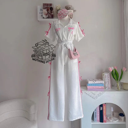 Sweet Suit Women's Bow-tie Printed POLO Shirt  Wide-leg Trousers Two-piece Set