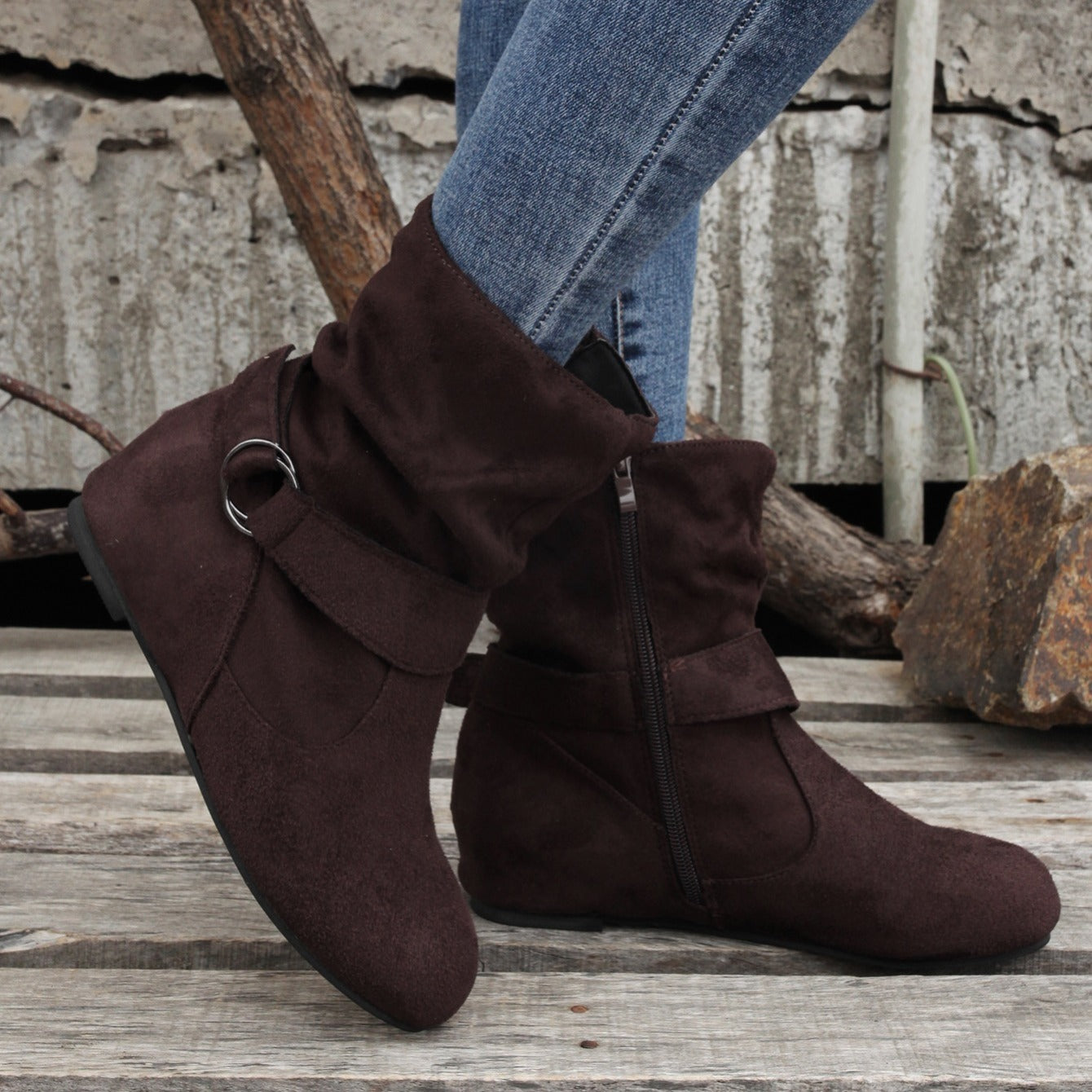 Ankle Boots  Round Toe Buckle Belt Side Zipper Boots