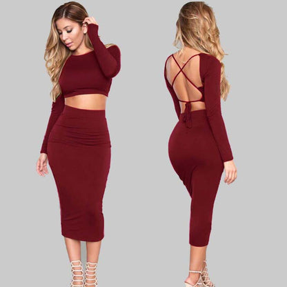 Tight-Fitting Crop Top and Midi Skirt Two-Piece Set