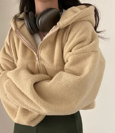 Lamb Wool White Hooded Sweater For Women