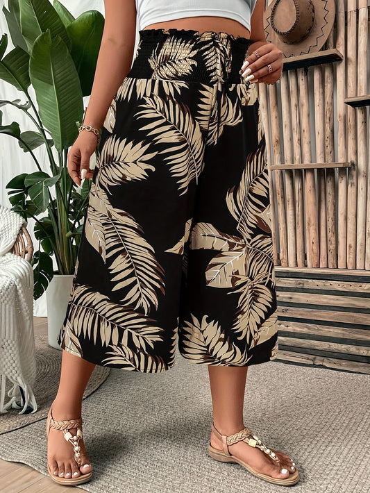 Plus Size Women's Tropical Plant Print Wide-Leg Pants