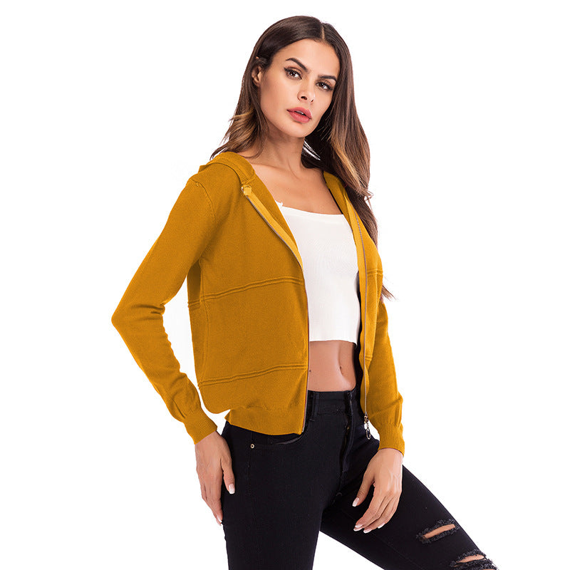 Solid Color Hooded Zip Knit Cardigan