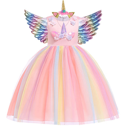 Unicorn Ruffle Sleeve Rainbow Dress for Girls