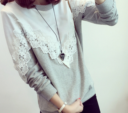 Plus Size Loose Long Sleeve Sweater with Lace Detail
