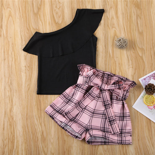 One Shoulder Black Ruffle Top with Plaid Shorts for Girls