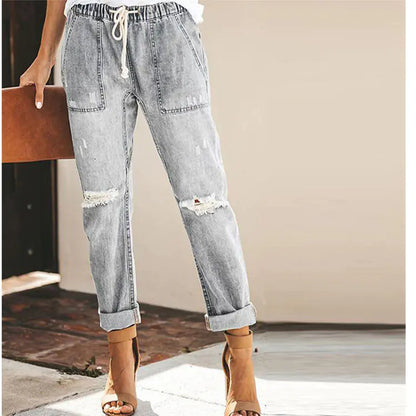Women's Straight Ripped Jeans with Drawstring and Pockets