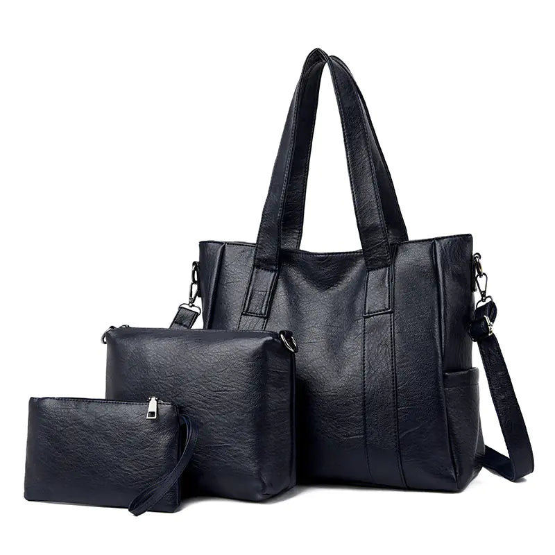 Classic Solid Color Faux Leather Bag Set (Large Capacity)