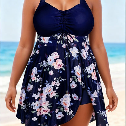 Navy Blue Floral One-Piece Swimsuit Large Size