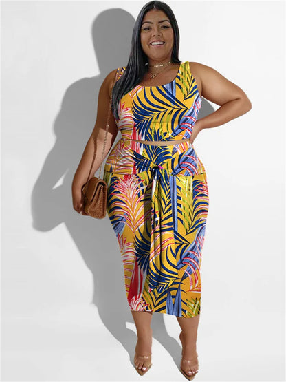 Plus Size Dress Sets Floral Printed Two Piece Set Crop Top
