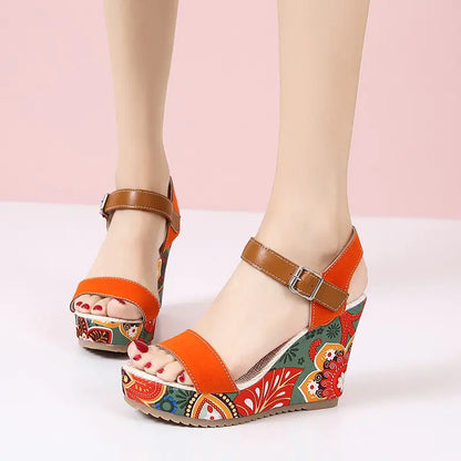 Embroidered High Wedge Platform Sandals for Women