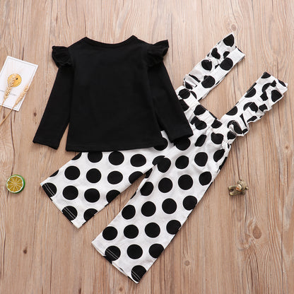 Black Long Sleeve Top and Dotted Pants Set for Girls