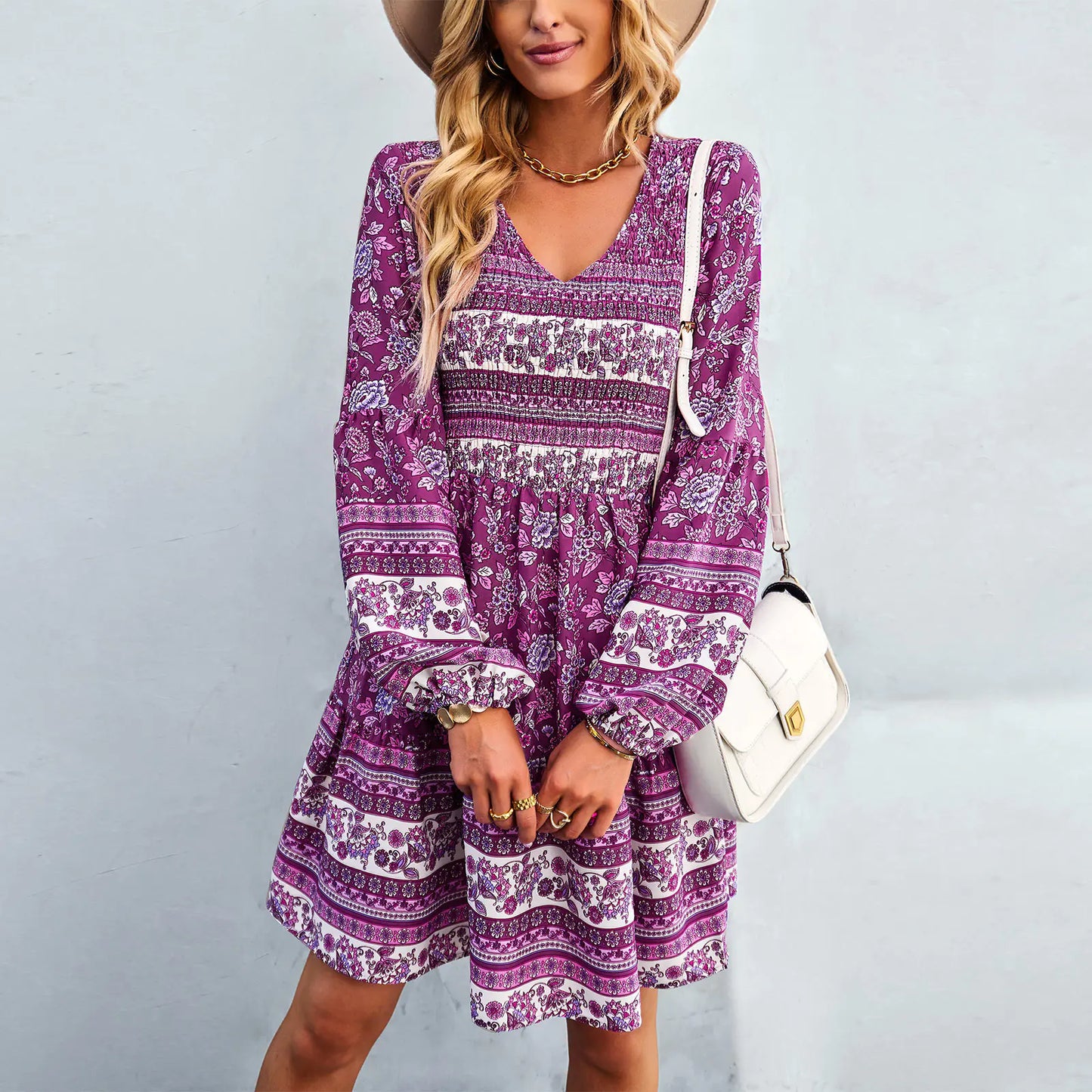 Bohemian Long Sleeve V-Neck Dress with Skirt