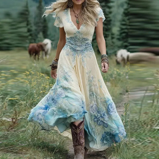 Floral Print Patchwork Woman Sexy Deep V Neck A-Line Long Dress