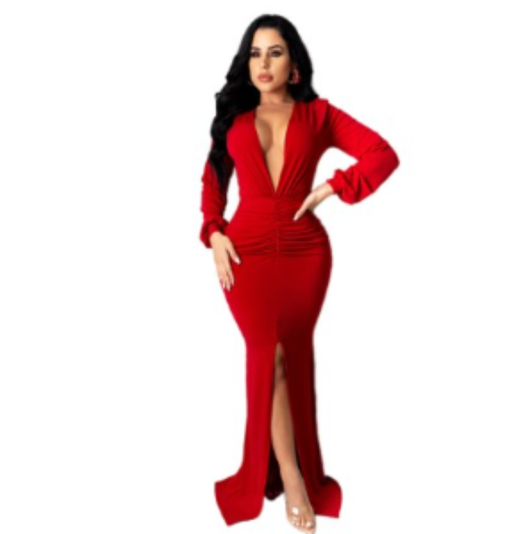Solid Color V-Neck Sexy Women's Evening Dress