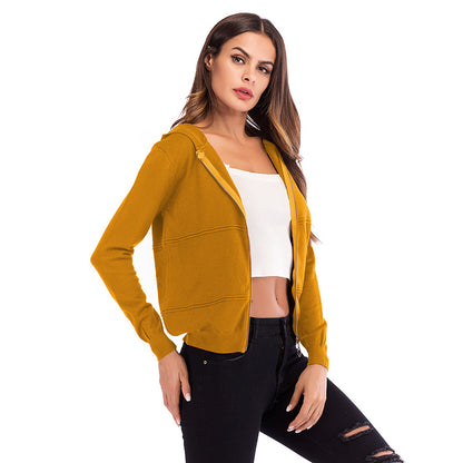 Solid Color Hooded Zip Knit Cardigan