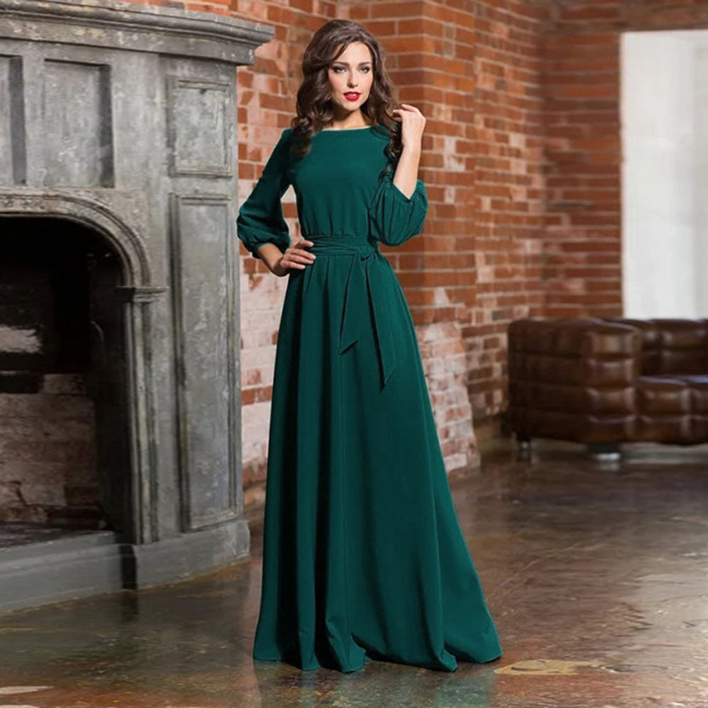 Plus Size Long Sleeve Evening Dress with Bow Tie