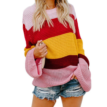 Plus Size Casual Striped Sweater with Round Neck