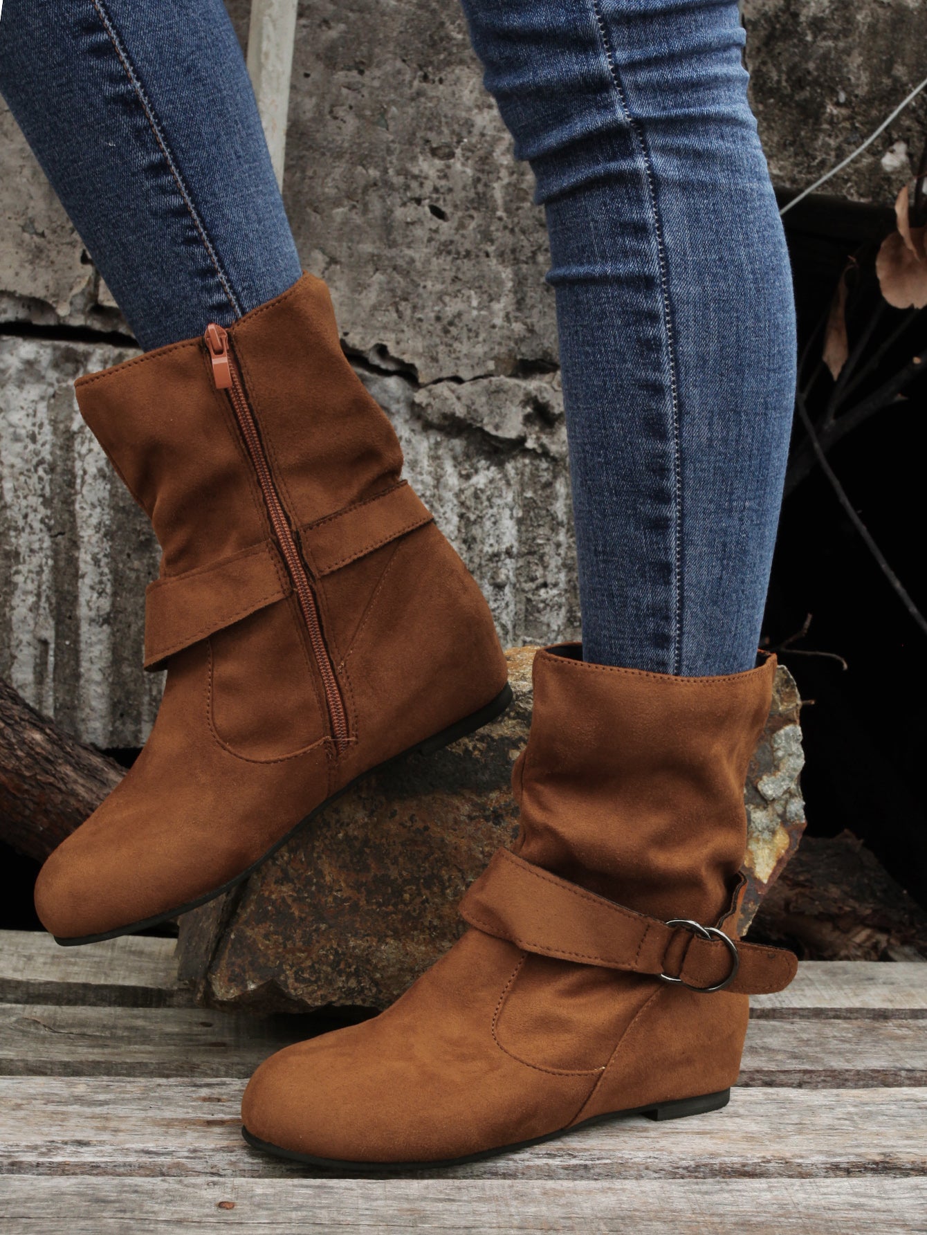 Ankle Boots Round Toe Buckle Belt Side Zipper Boots - Trendy Attic Store01