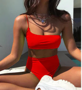 High Waist Solid Color Bikini - Women's One Shoulder Set