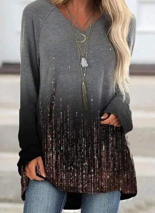 Gradient V Neck Long Sleeve T-Shirt