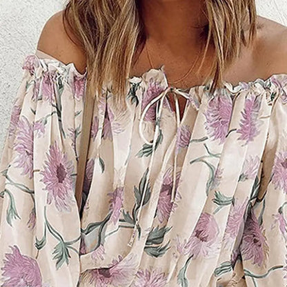 Women's Off-Shoulder Chiffon Print Long Sleeve Top