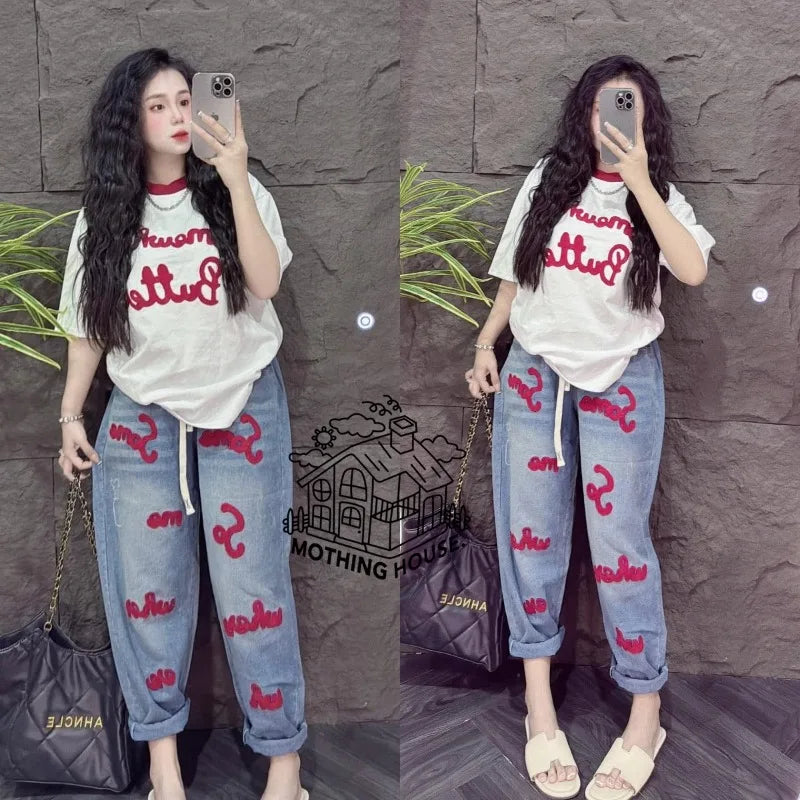 New Letter Printing Short-sleeved Milk Silk Wide-leg Pants Two-piece Set