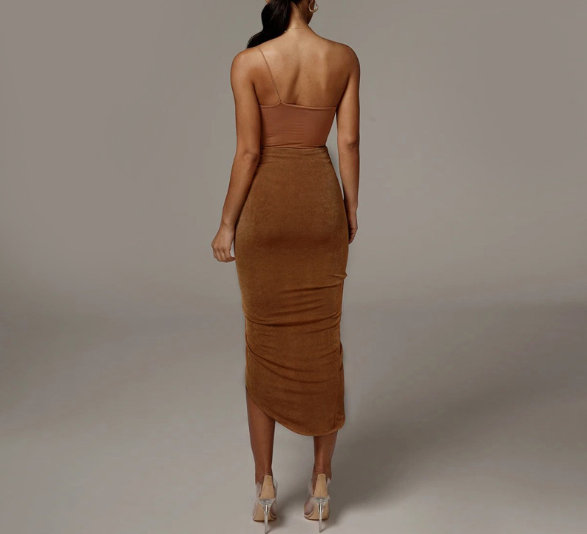 Irregular Split Cotton Midi Skirt with Stitching
