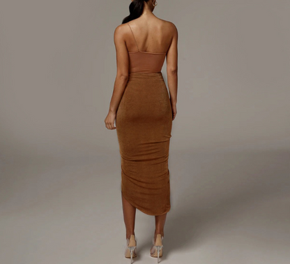 Irregular Split Cotton Midi Skirt with Stitching