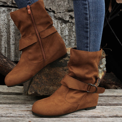 Ankle Boots  Round Toe Buckle Belt Side Zipper Boots