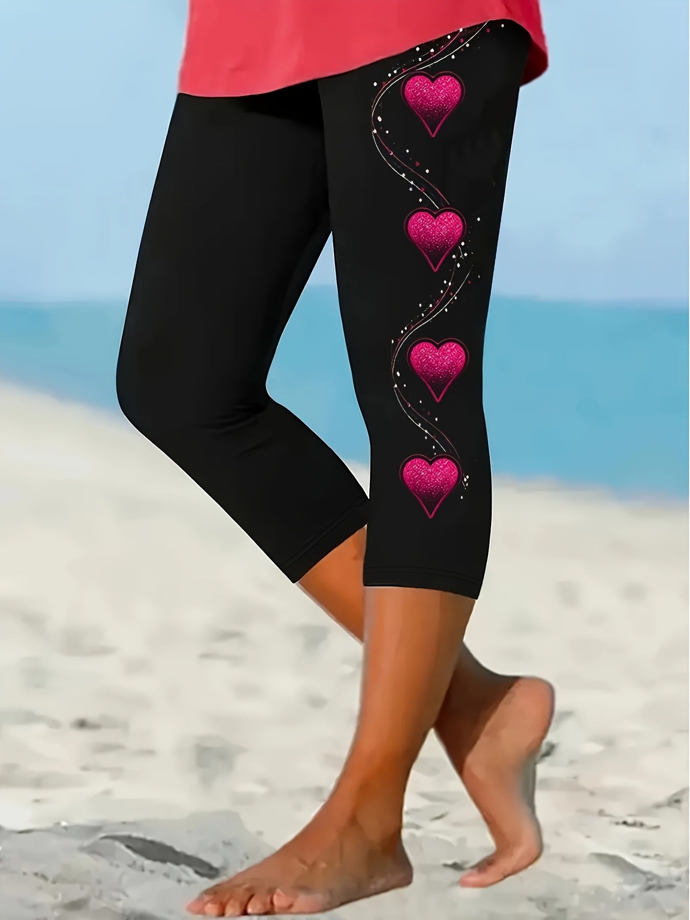 Heart Print Capri Leggings for Women