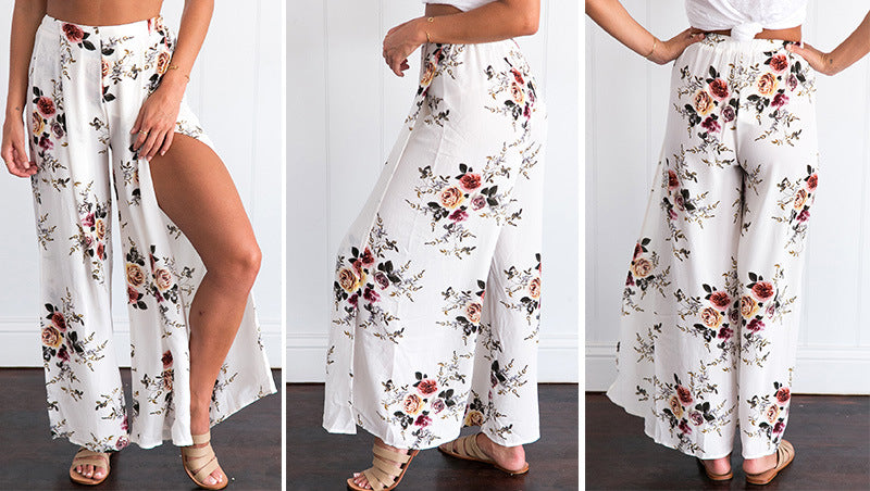 Plus Size Chiffon Floral Wide Leg Pants for Women