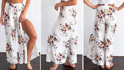 Plus Size Chiffon Floral Wide Leg Pants for Women