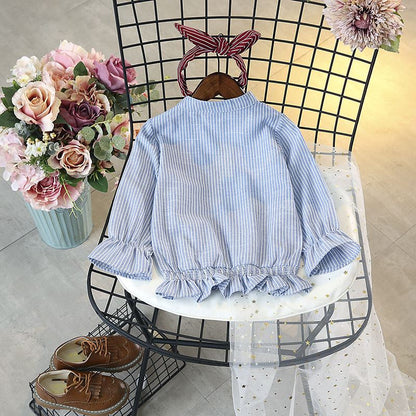 Girls' Long Sleeve Shirt with Ruffle Trim and Collar
