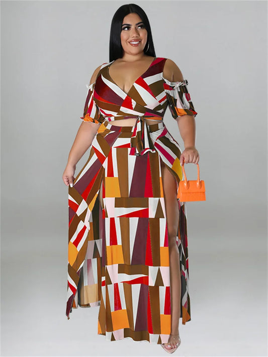 Plus Size Dress Sets Two Piece V Neck Printed Crop Top Big Swing Skirts