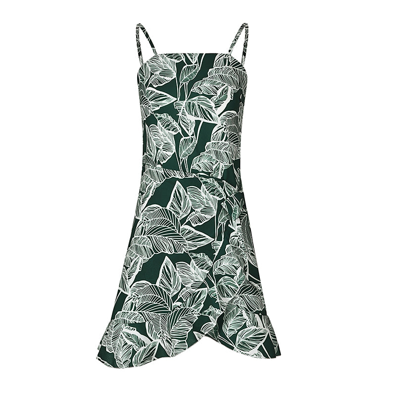 Leaf Print Cami Chiffon Dress - Irregular Short Skirt