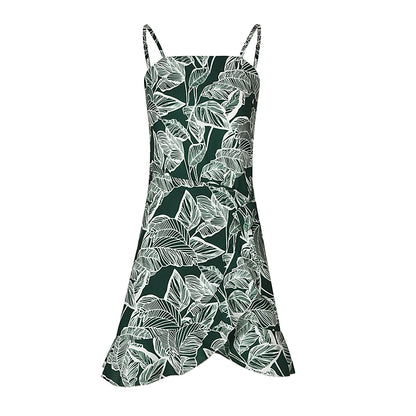Leaf Print Cami Chiffon Dress - Irregular Short Skirt