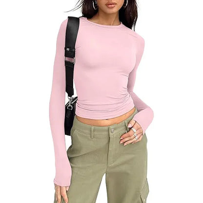 Women T-shirt Long Sleeve Crew Neck Solid Slim Fit Tee  Crop Top
