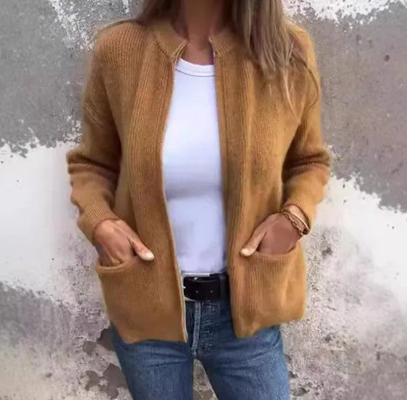 Solid Color Zip-Up Casual Cardigan Sweater