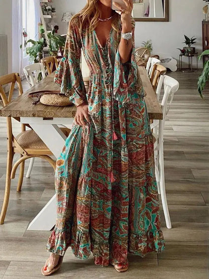 Bohemian Floral Print Maxi Dress with V-Neck