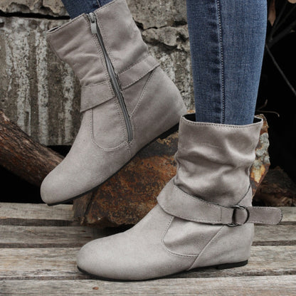 Ankle Boots  Round Toe Buckle Belt Side Zipper Boots