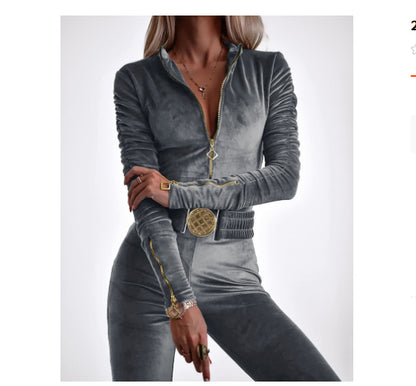 Velvet Jumpsuit with Zipper Belt