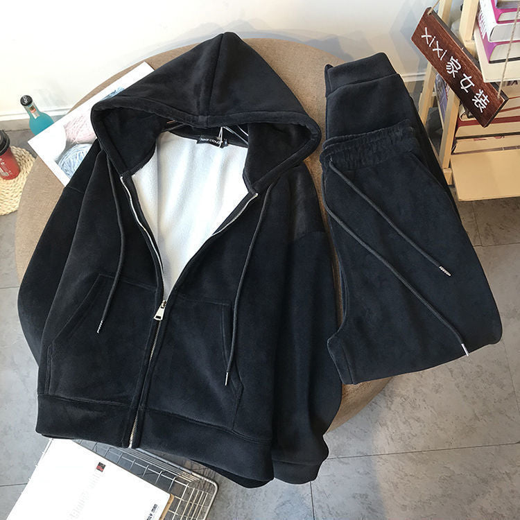 Korean Loose Plush Zipper Sweater Two-Piece Suit