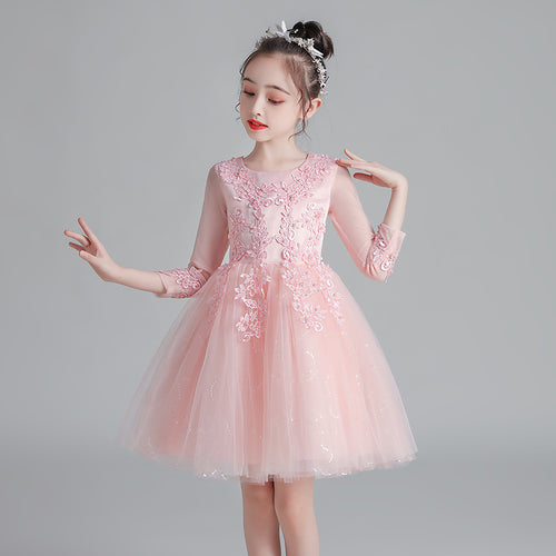 Champagne Girl's Puffy Catwalk Gown with Long Sleeves