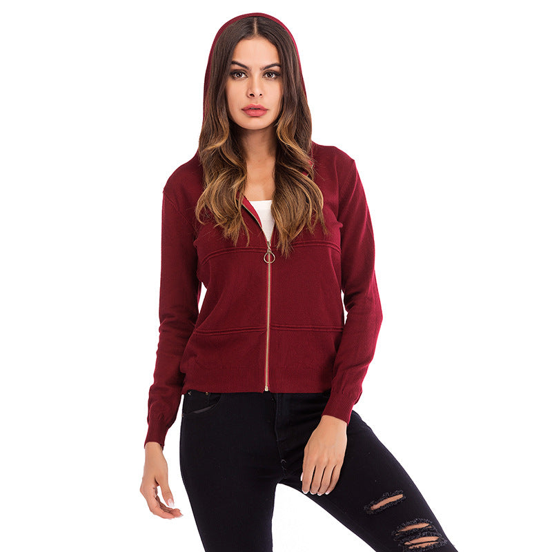 Solid Color Hooded Zip Knit Cardigan