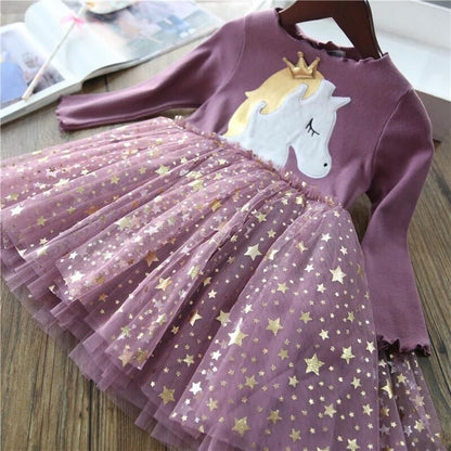 Girl's Long Sleeve Dress with Crown & Unicorn Design