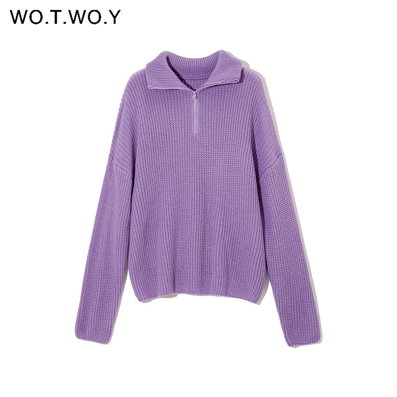 Women's Thick Casual Zipper Lapel Knit Sweater