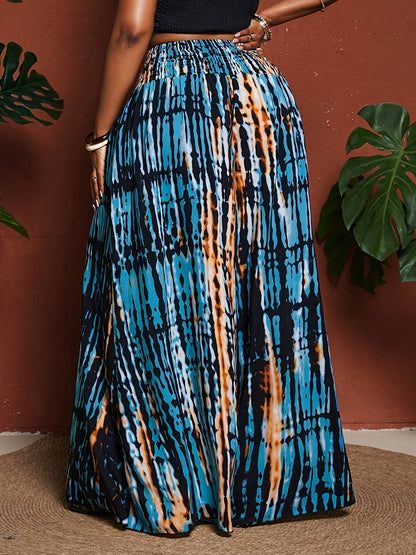 Plus Size Bohemian-style Tie-dye Print Elastic Drawstring Pants