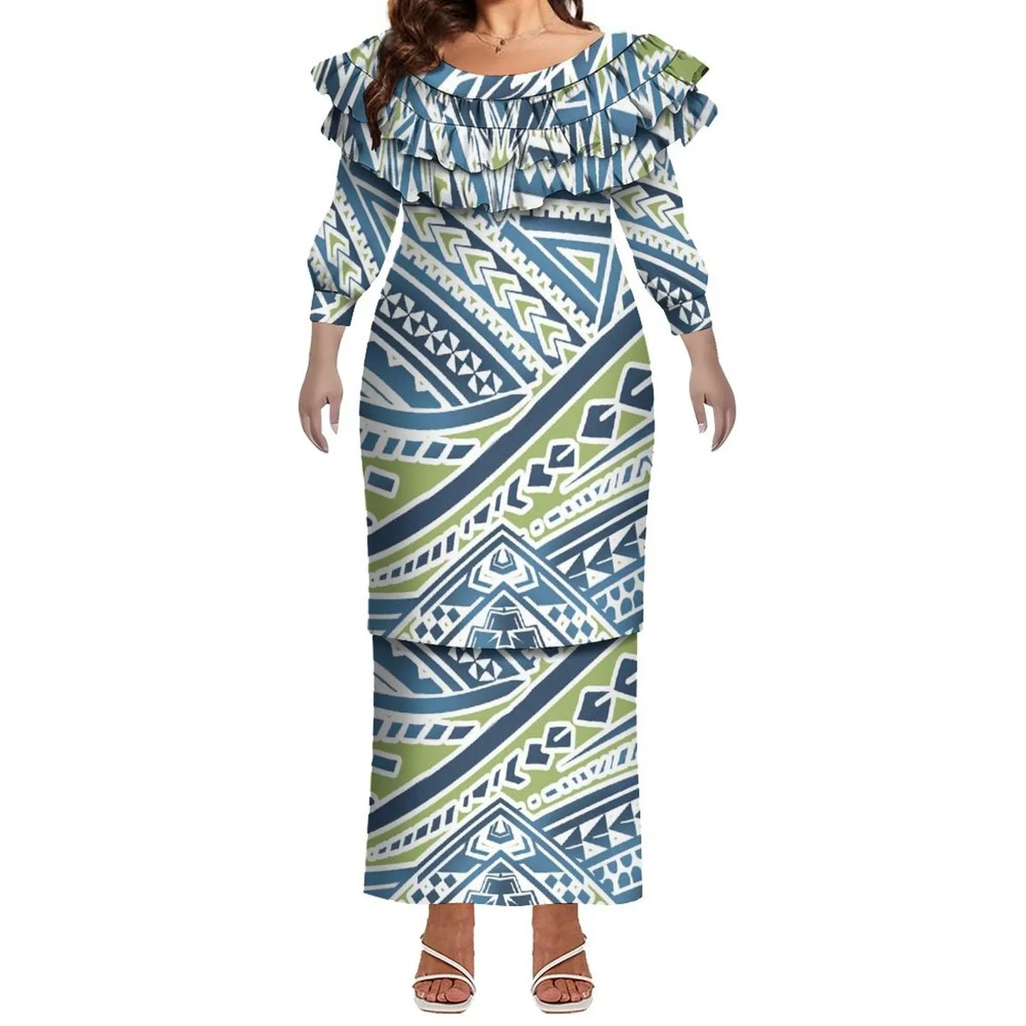 Plus Size Women Hawaiian Print Full Sleeve Long Dress