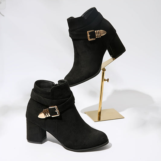Short Ankle Boots with Chunky Heel, Pointed Toe, and Side Zipper Boots