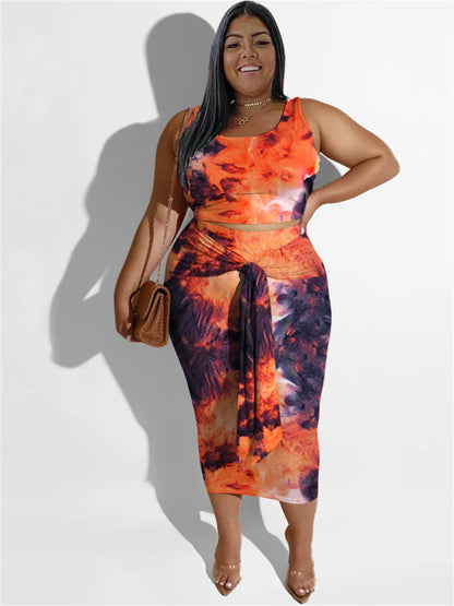 Plus Size Dress Sets Floral Printed Two Piece Set Crop Top